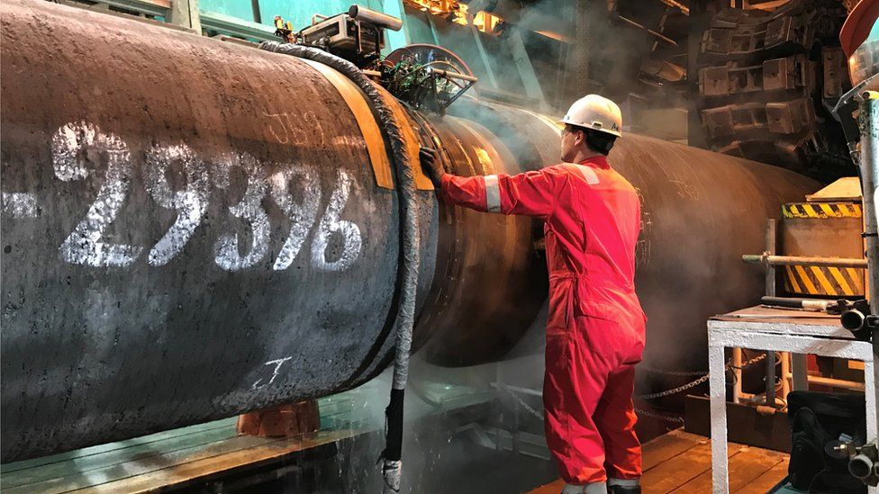 A specialist works on the construction of the Nord Stream 2 pipeline in the Baltic Sea, 13 September 2019