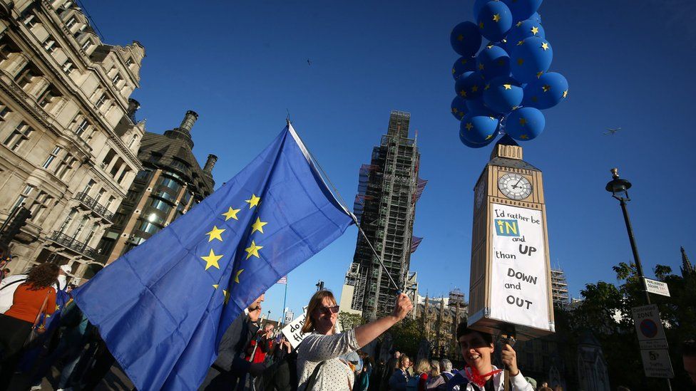 Anti-Brexit campaigners take part in the People"s Vote March for the Future in London, a march and rally in support of a second EU referendum