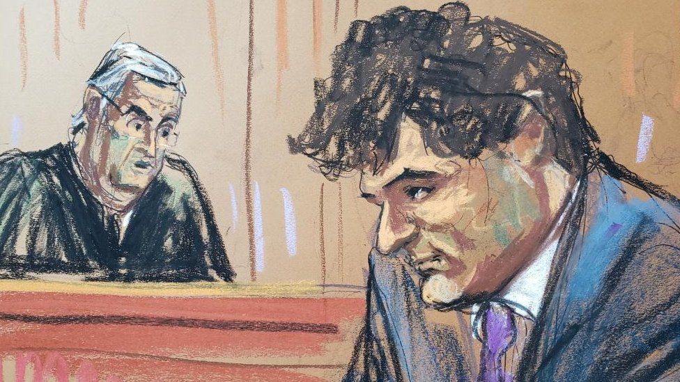 Courtroom sketch of Sam Bankman-Fried, the founder of bankrupt cryptocurrency exchange FTX, during a hearing as a US judge revoked his bail, at a courthouse in New York