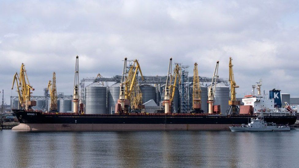 Bulk carrier ARGO I is docked at the grain terminal of the port of Odessa, Ukraine, on April 10, 2023