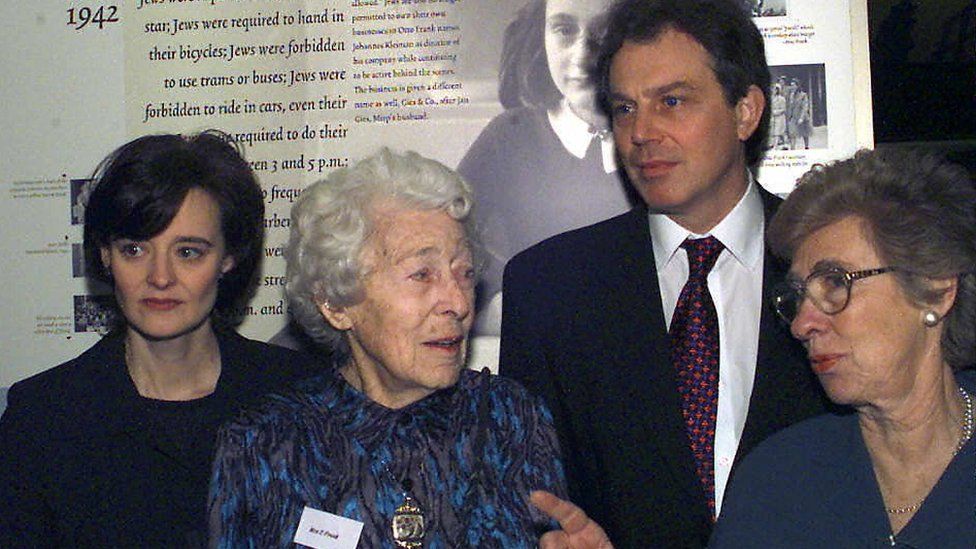 Tony Blair, and wife Cherie with Fritzi Frank, second wife of Otto Frank, and Eva Schloss