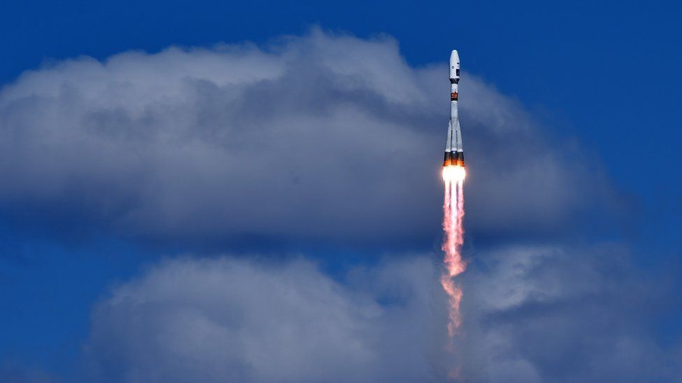 A Russian Soyuz 2.1a rocket carrying Lomonosov, Aist-2D and SamSat-218 satellites lifts off from the launch pad at the new Vostochny cosmodrome outside the city of Uglegorsk,