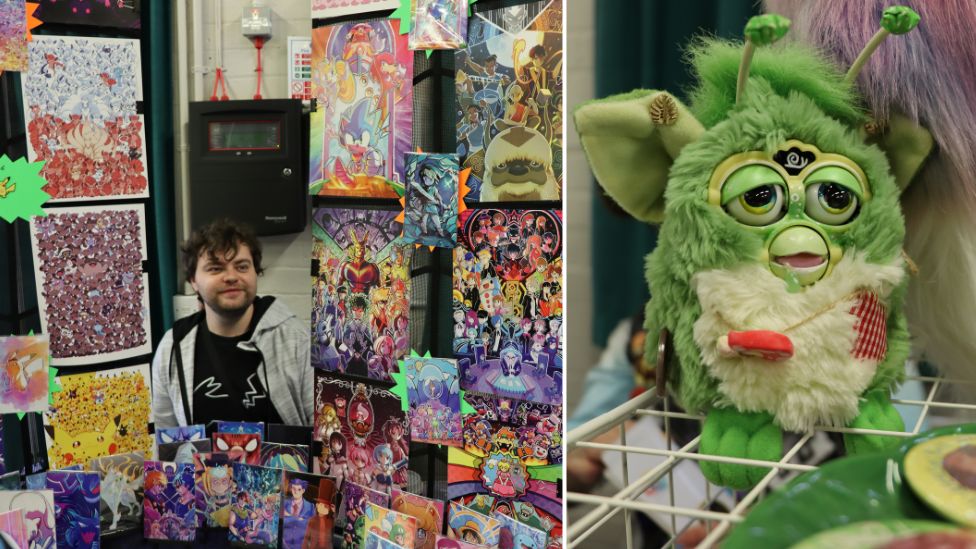 Artist at Qcon with his work and a green furby