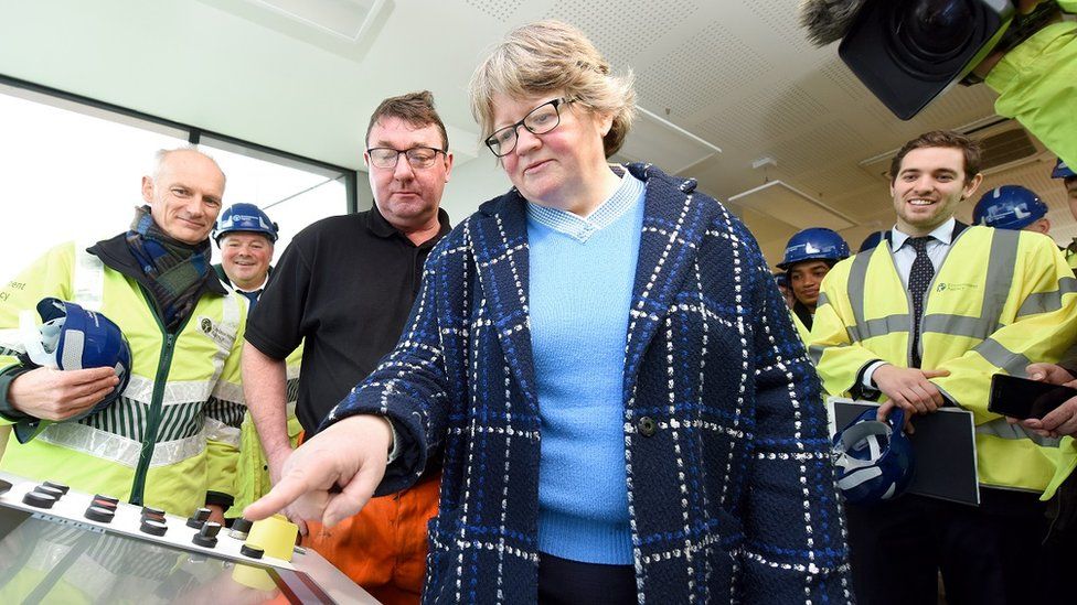 Therese Coffey at opening of new flood defence in Ipswich