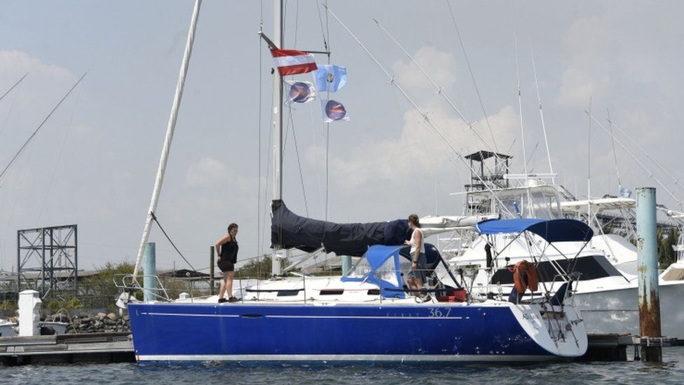 Members of the Dutch organization Women on Waves can be seen on the group's "abortion ship" as it visited the Pez Vela Marina in the port of San Jose,