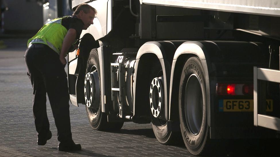 Border Force staff check lorries and trucks arriving at the UK border as they leave a cross-channel ferry that has just arrived from France