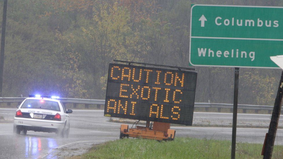 An Ohio State Highway Patrol officer drives past a sign warning of the exotic animals on the loose