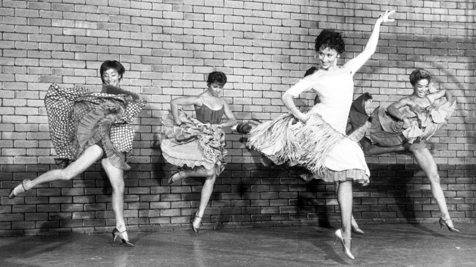 Scene from the Broadway musical "West Side Story," L-R: Lynn Ross, unnamed actress, Chita Rivera, and Carmen Guitterez. Undated photo