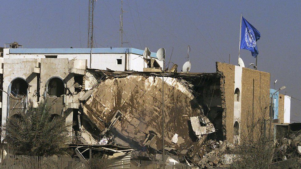 The aftermath of the bombing of the UN headquarters in Baghdad in August 2003