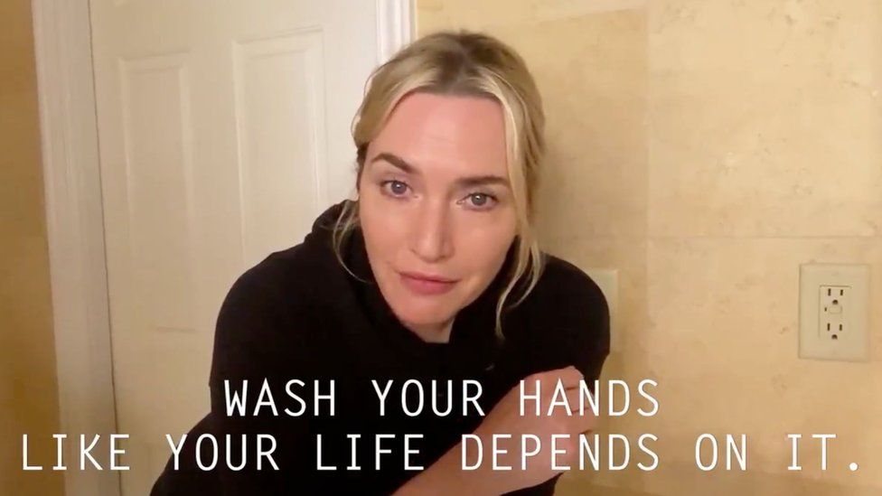 Kate Winslet telling people to wash their hands.