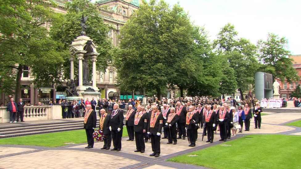 Wreath-laying ceremony for war dead in the grounds of Belfast City Hall