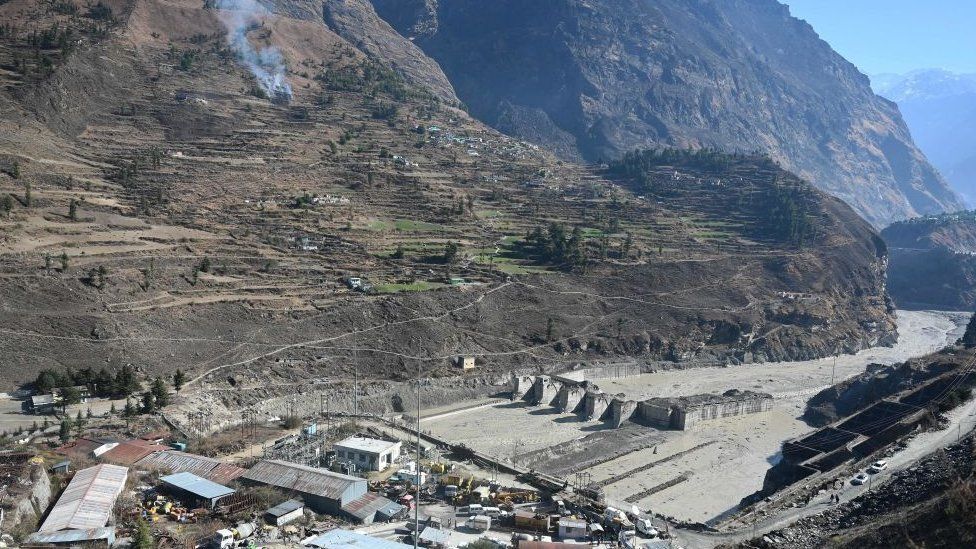A hydropower dam that was hit by the flash-flood in Chamoli district of Uttarakhand state in India on 7 February