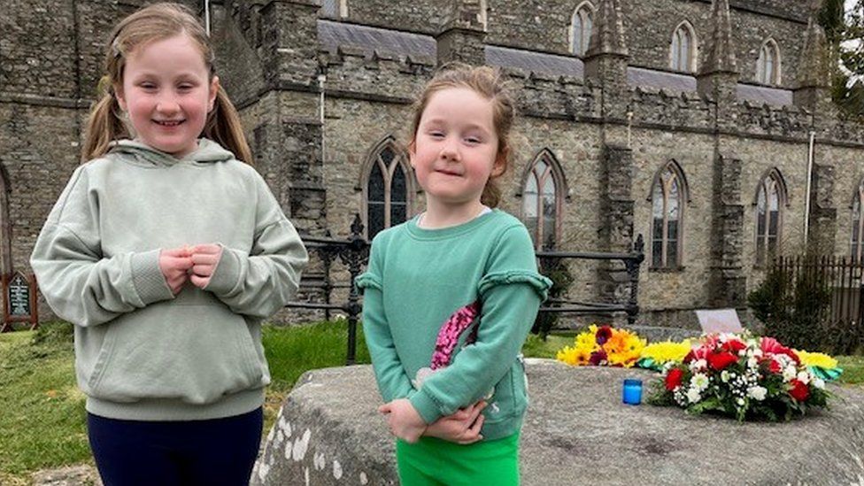 Sophie and Lucy at St Patrick's grave on Friday morning