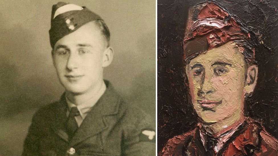 Gordon Yeo in a photo in his RAF uniform and a second image of the his portrait