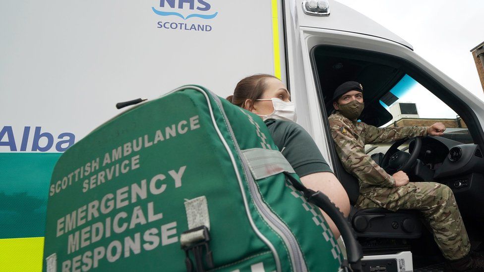 Ambulance and army staff