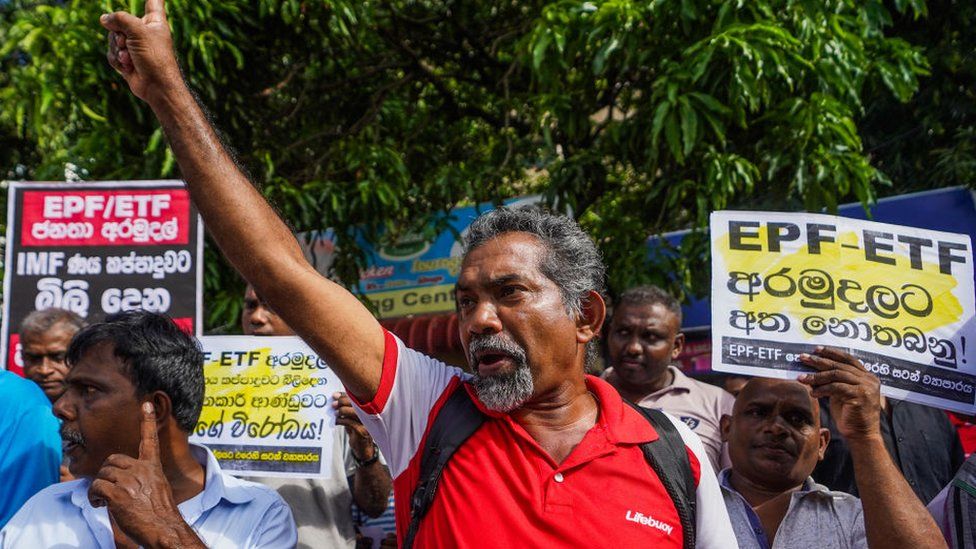 Protesters chant slogans during the protest on July 12, 2023, in Colombo, Sri Lanka. The Inter-company Employee Union held a protest in front of the Labour Department. This protest was held, asking not to touch the Employees' Trust Fund and Employees Provident Fund.