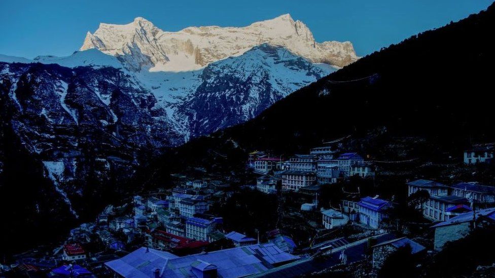 The town of Namche Bazar, with Mount Kongde Ri in the background