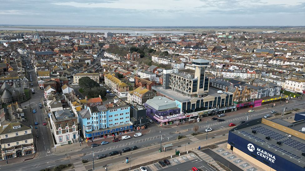 Aerial view of Great Yarmouth looking towards the town from the seafront