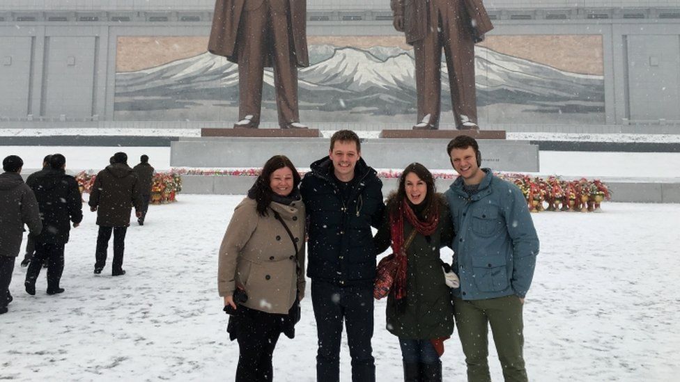 Otto Warmbier (far right) with friends in North Korea