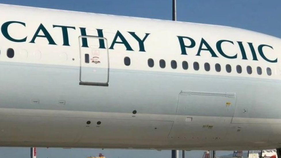 Cathay Pacific plane with name painted incorrectly as "Cathay Paciic" on 19 September 2018.