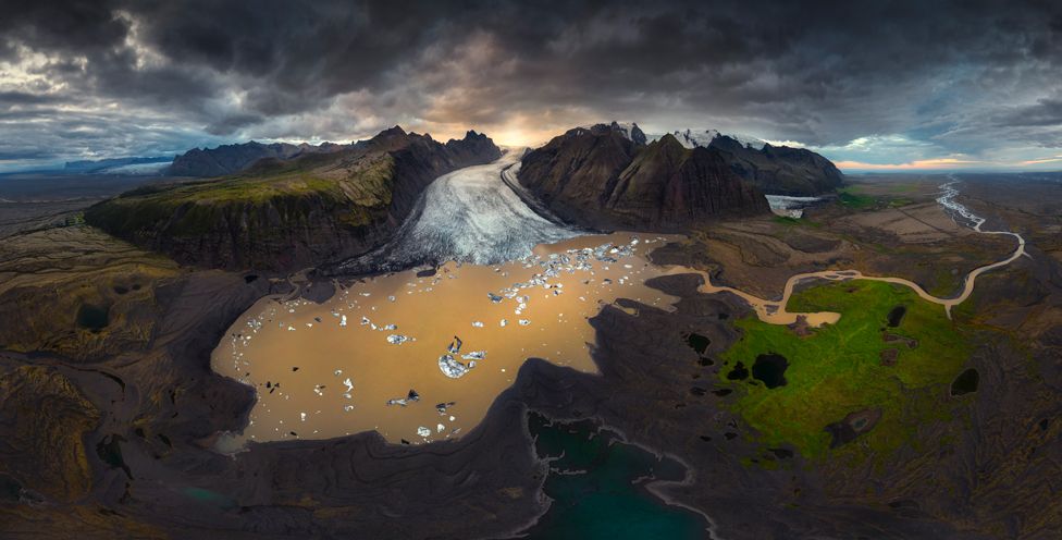 This 360 degree panorama, captured with a drone of glacial waters, Skaftafellsjokull glacier