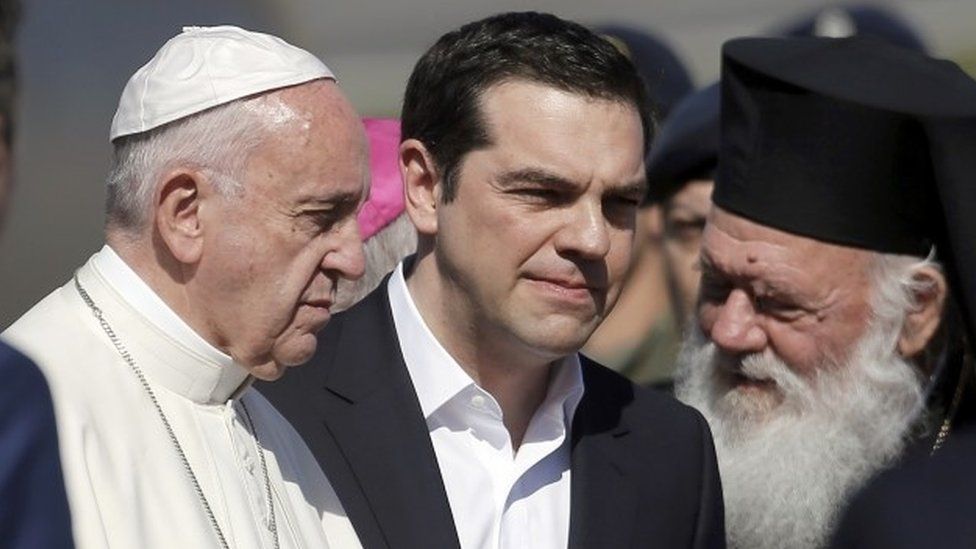 Pope Francis, Alexis Tsipras and Patriarch Bartholomew, Lesbos, 16 April