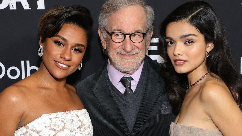 Steven Spielberg alongside West Side Story stars Ariana DeBose and Rachel Zegler at this week's premiere in New York