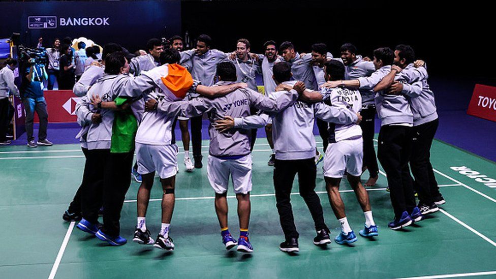 Team India celebrates after victory over Team Indonesia during day eight of the BWF Thomas and Uber Cup Finals at Impact Arena on May 15, 2022 in Bangkok, Thailand