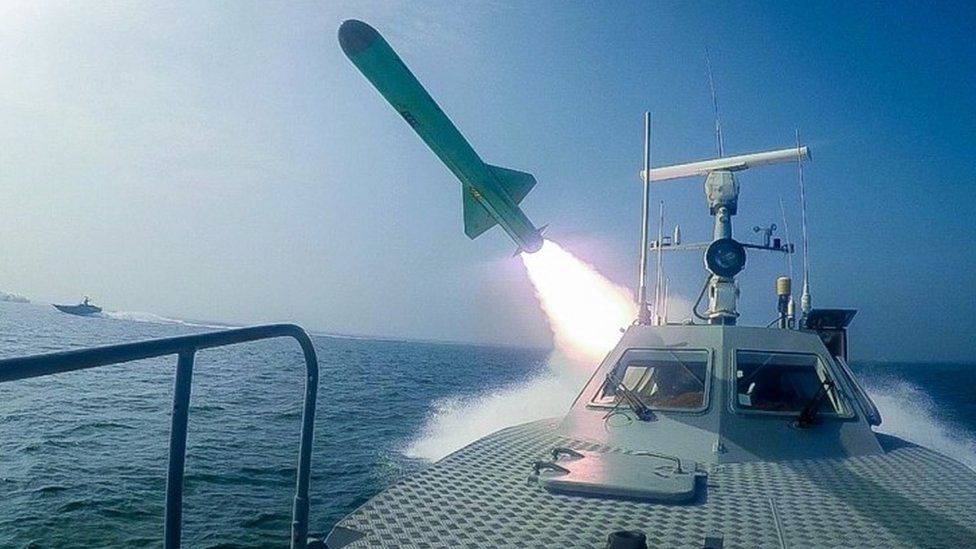 The Iranian military fires a missile targeting the replica