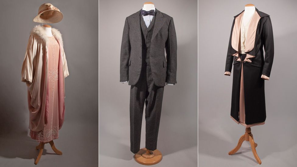 Pink dress and hat, arthur shelby's suit and bow tie, aunt polly's smart suit long tails dress