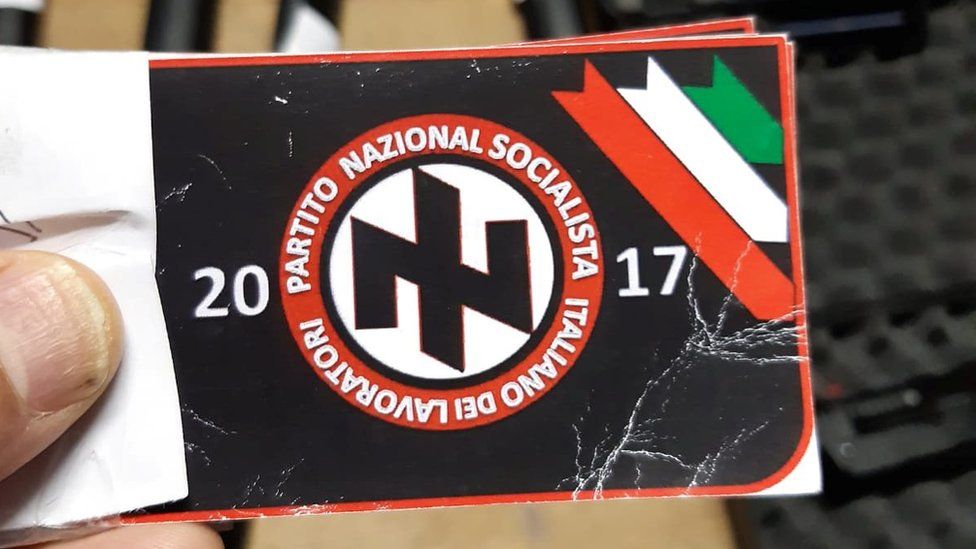 A sticker with the symbol of the self-styled Italian National Socialist Workers' Party.