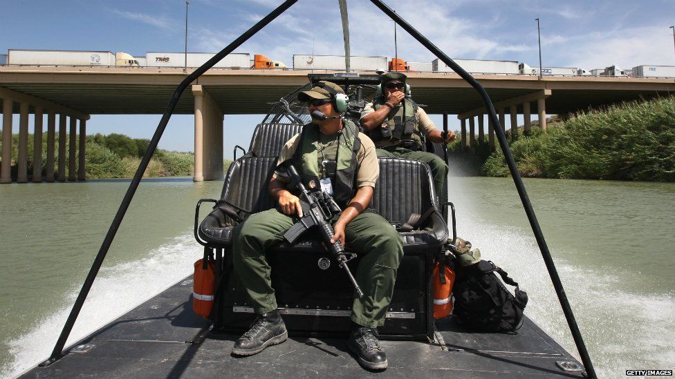 US Border Patrol agents patrol the Rio Grande River, which runs through Laredo, Texas - 7 August 2008
