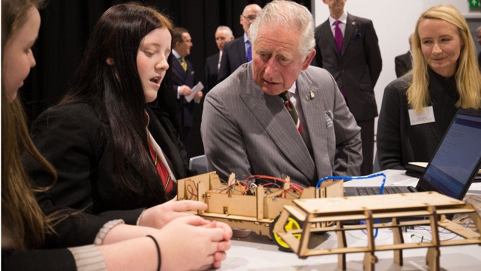 Prince Charles with children at Ysgol Cwm Brombil