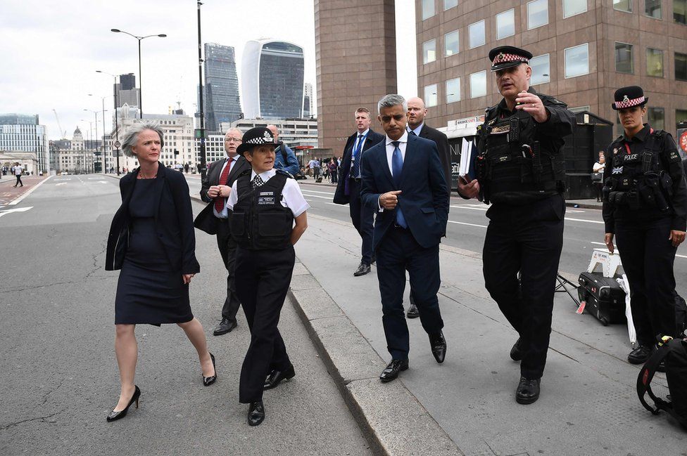 Metropolitan Police Commissioner Cressida Dick and Mayor of London Sadiq Khan (walk across London Bridge in London on 5 June2017, to see the site of the 3 June terror attack.