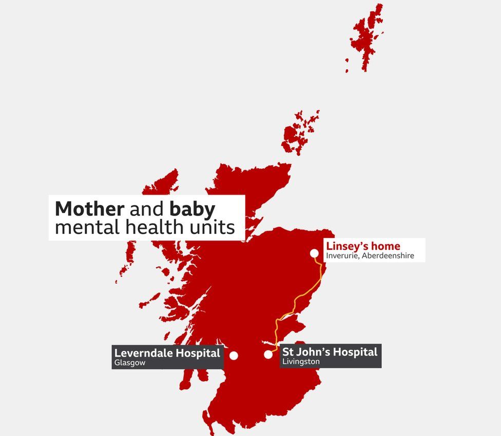 Map graphic showing location of Linsey's home in Aberdeenshire and mother and baby units in central Scotland