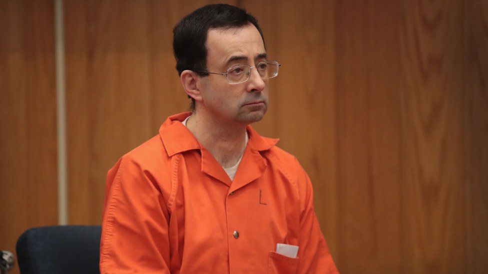 Larry Nassar sits in court listening to statements before being sentenced by Judge Janice Cunningham for three counts of criminal sexual assault in Eaton County Circuit Court on February 5, 2018 in Charlotte, Michigan