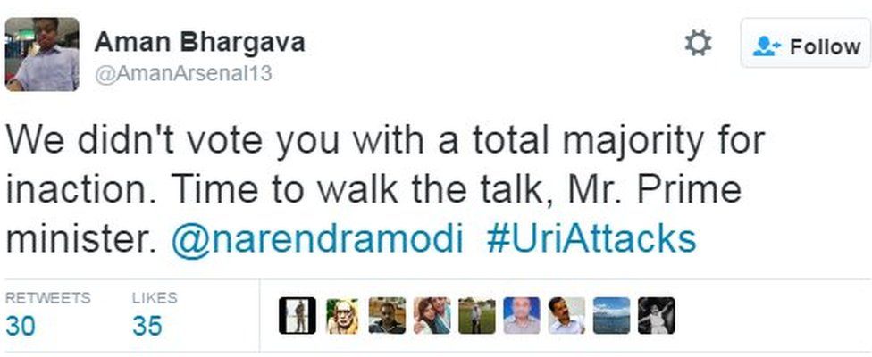 We didn't vote you with a total majority for inaction. Time to walk the talk, Mr. Prime minister. @narendramodi #UriAttacks
