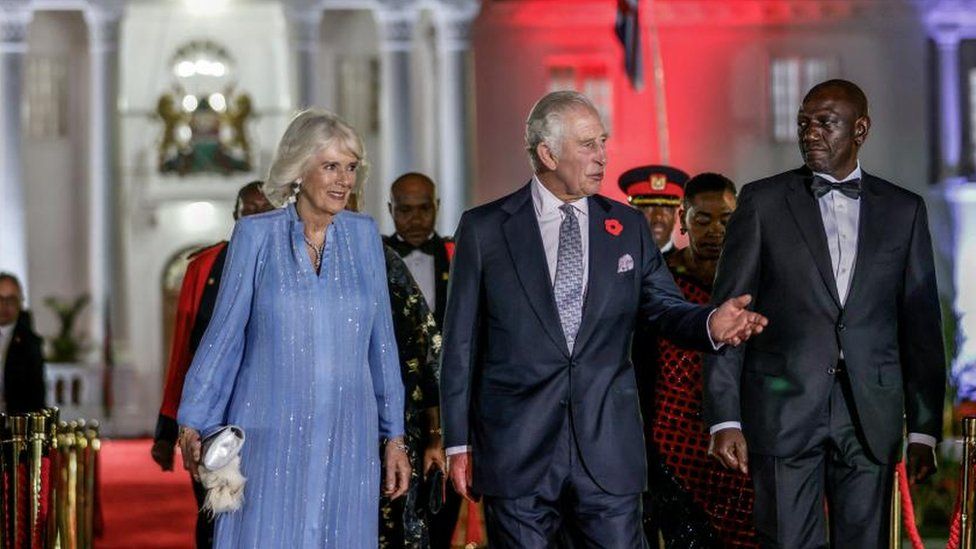 Queen Camilla, King Charles and President William Ruto outside the State House in Nairobi