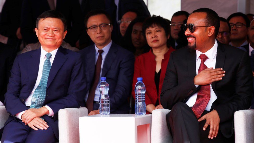 Ethiopian Prime Minister Abiy Ahmed (R) and the Chinese founder of e-commerce platform Alibaba, Jack Ma at the Electronic World Trade Platform in Addis Ababa, Ethiopia, 25 November 2019