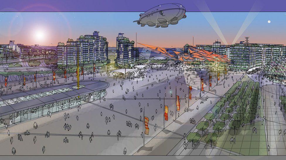 Artists impression of Arrival Plaza, Hotels and Market