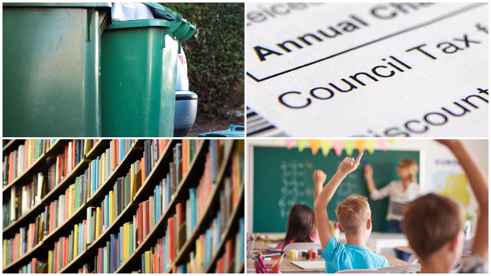 Images showing council services: Clockwise from top left - green wheelie bins, council tax bill, library books on shelves, school pupils being taught