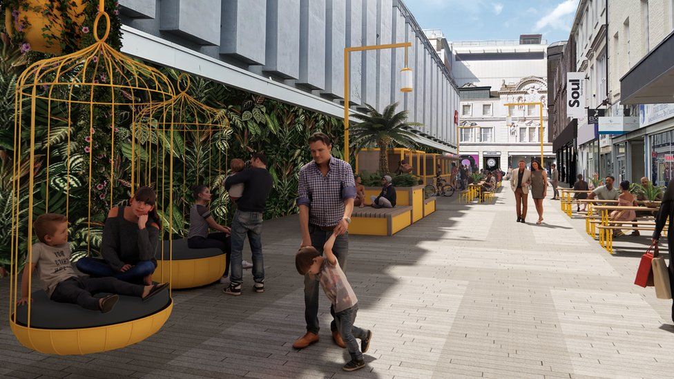 Artist's impression of Saville Row with "hanging basket" chairs and greenery