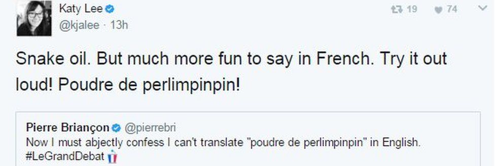 Tweet on the translation of poudre de perlimpinpin