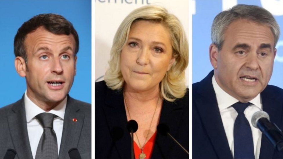 Соперники президента Франции (слева направо) - Эммануэль Макрон, Марин Ле Пен, Ксавье Бертран