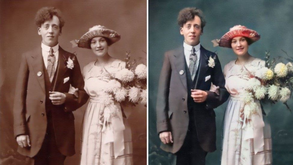 Colourised wedding photograph