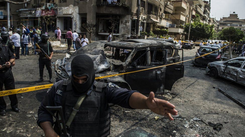 Aftermath of car bombing that killed Egyptian public prosecutor Hisham Barakat in Cairo on 29 June 2015