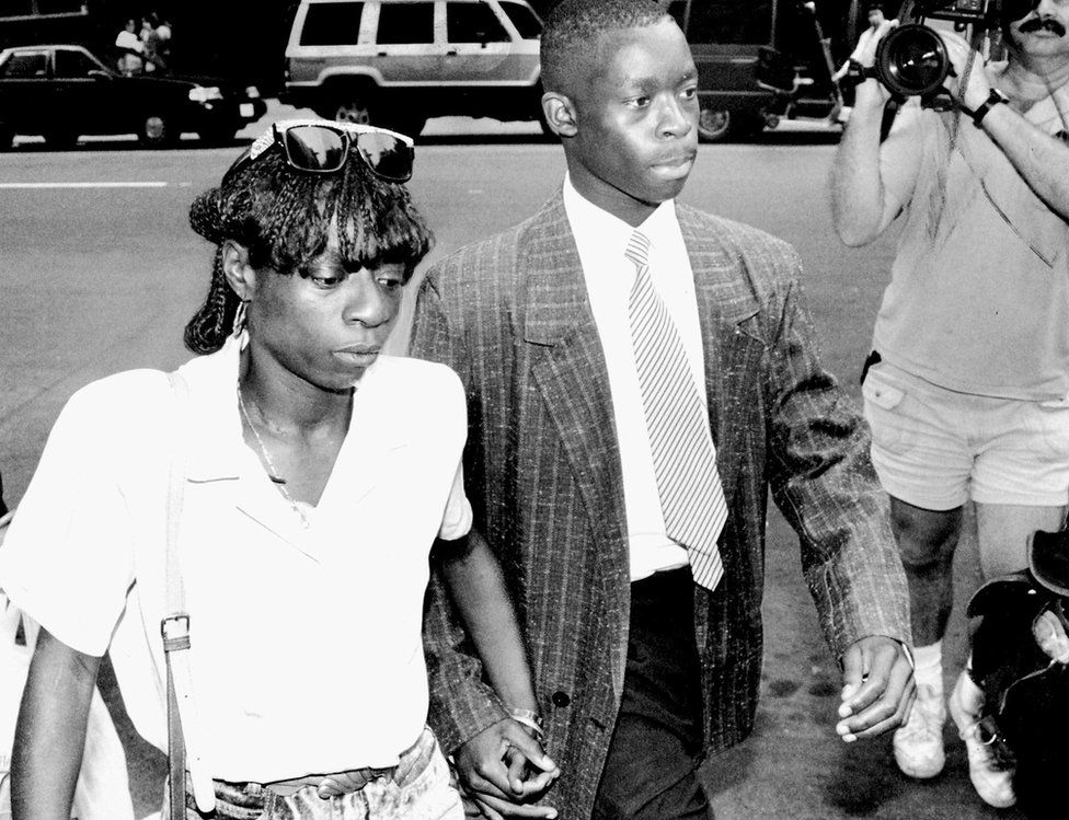 Antron McCray and his mother Linda McCray outside court in July 1990
