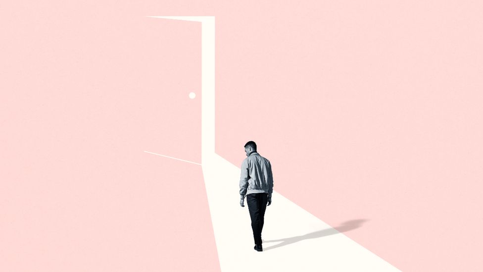 Graphic of a man walking through an open door