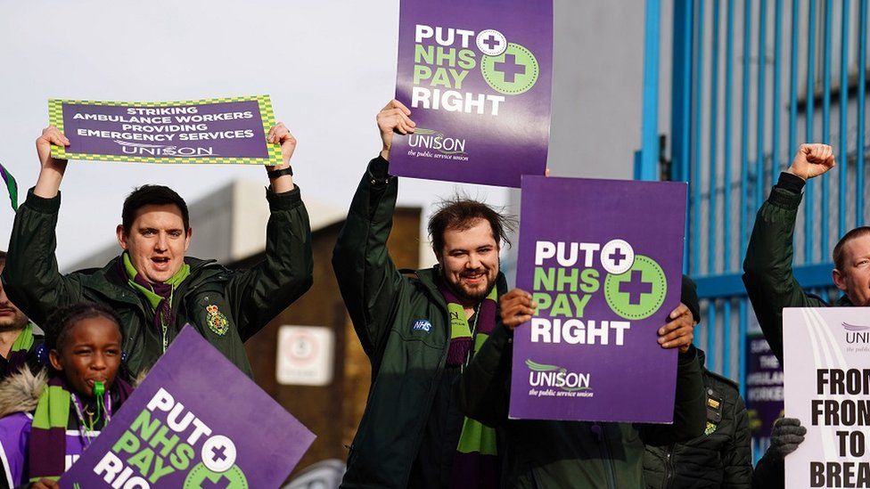 Striking ambulance workers on a picket line outside a station in Deptford, south-east London