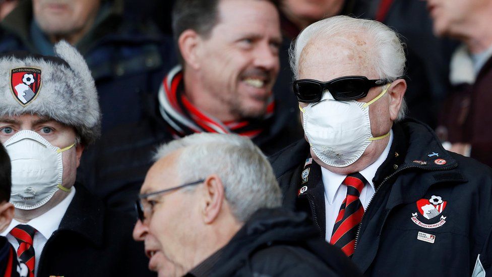 Bournemouth fans wearing face masks due to the recent coronavirus outbreak
